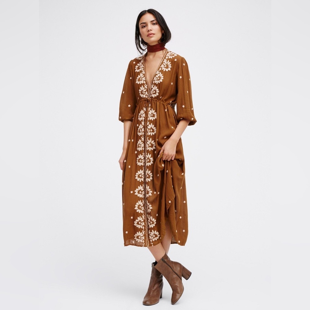 Free People Embroidered Fable Midi Dress XS Brown
